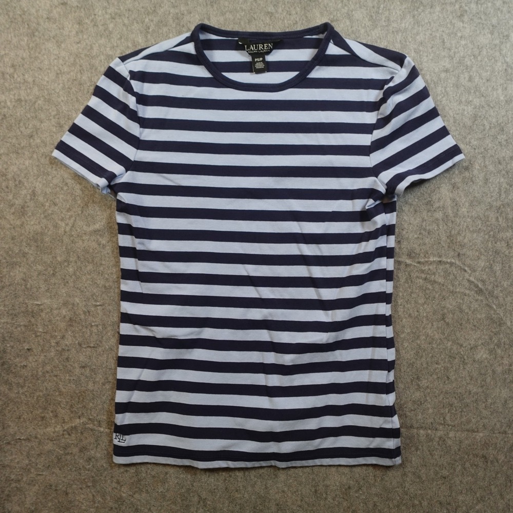 Ralph Lauren Top Womens Small Petite Blue Tee Striped Short Sleeve Crew Neck‎